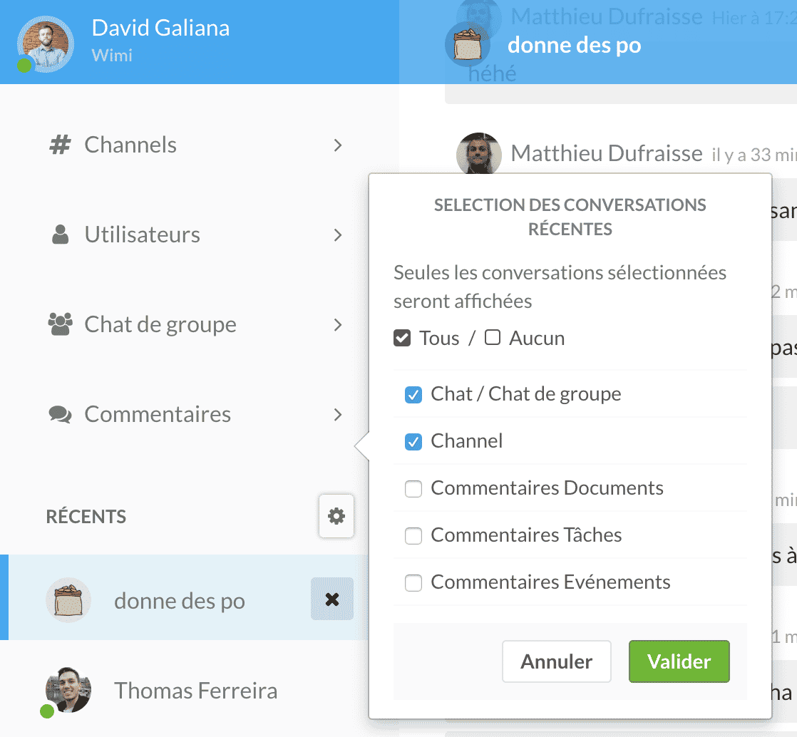 filtre de conversations sur le chat Wimi